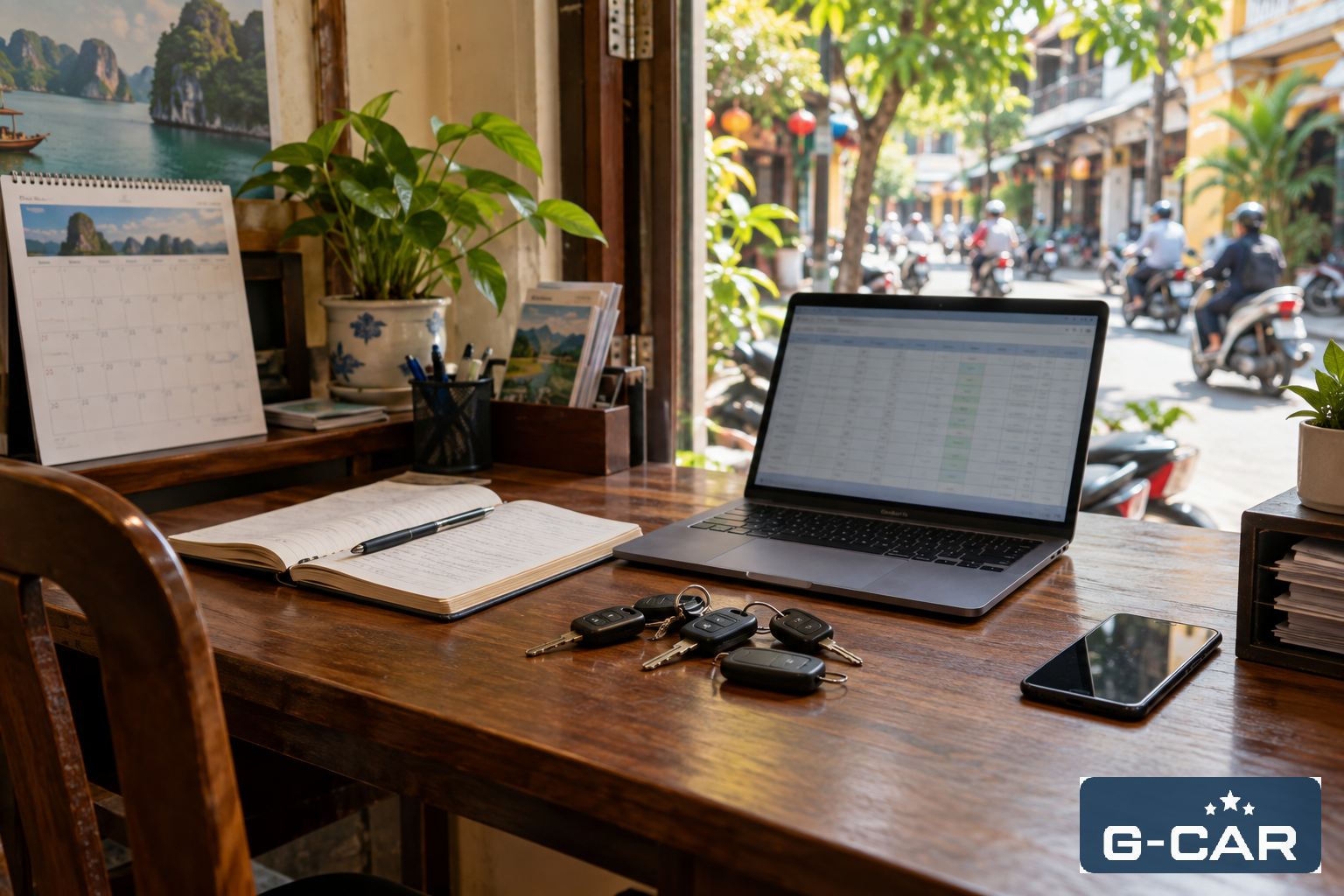 Chủ cửa hàng cho thuê xe đang quản lý lịch đặt xe bằng sổ tay và Excel