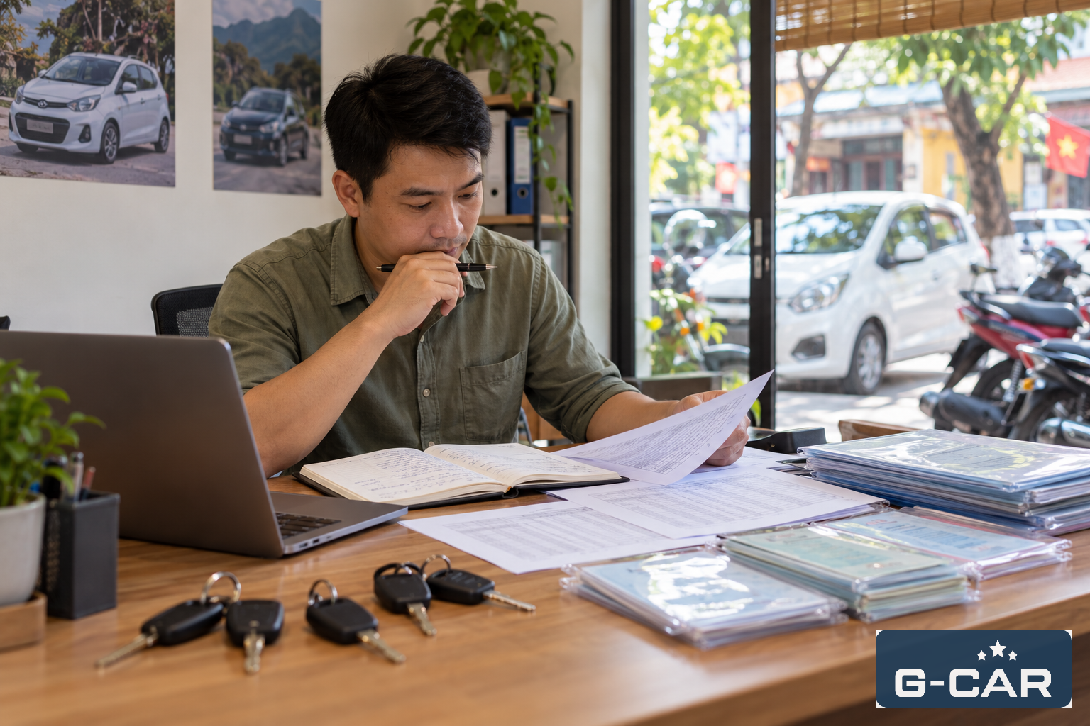 Chủ đơn vị cho thuê xe đang quản lý lịch xe bằng sổ tay và máy tính